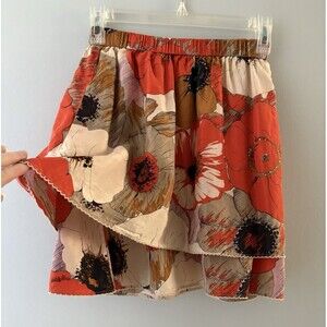 Anthropologie Odille Silk Skirt XS Orange Poppy Floral Tiered Coquette Layered